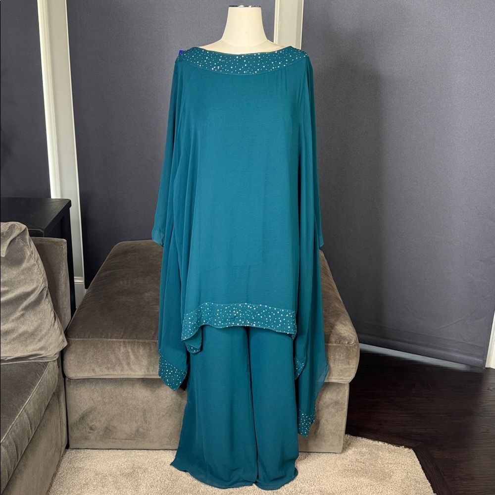 Women’s Teal Chiffon 3 Piece Mother of the Bride Formal Pants Suit Size 22W NWT